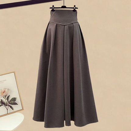 Autumn with a set of 2024 new plus size wear fake two-piece shirt top women's skirt two-piece set