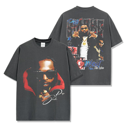 Cross-border American Hip-hop Smoke Pop Smoke Printed Short-sleeved T-shirt Washed Long-sleeved Loose Hooded Sweat for Men
