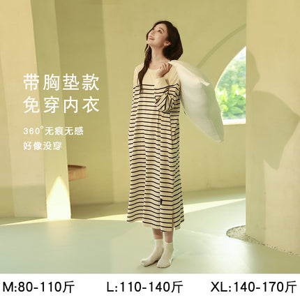 Women's Pure Cotton Long-Sleeved Nightgown, High-End, Black, Large Size, Can Be Worn Outside, Spring and Autumn, Women's Nightgown with Breast Pads