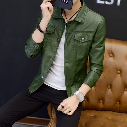 Men's lapel leather coat Korean-style trendy slim-fit motorcycle green thin leather jacket trendy autumn and winter workwear coat for men