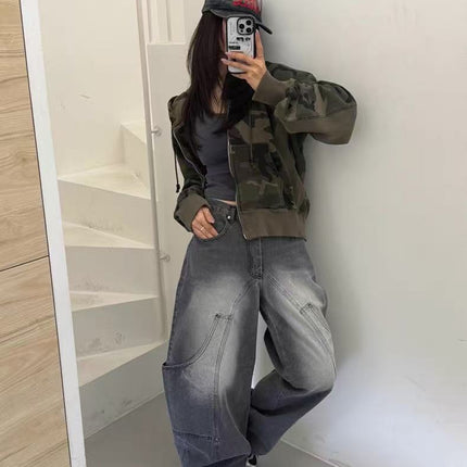 Versace American-Style Silhouette Curved Knife Jeans for Women with Multiple Pockets, Deconstructed Washed Straight Wide-Leg Pants
