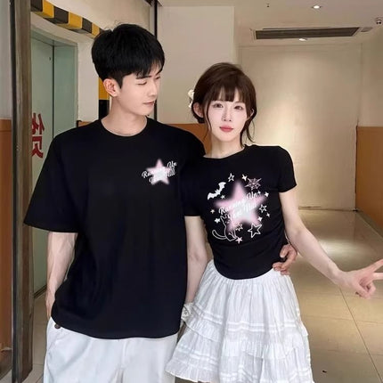 Niche Design Sense Long and Short suit Cotton Different Couple Dress T-shirt Short Sleeve 2025 New Summer