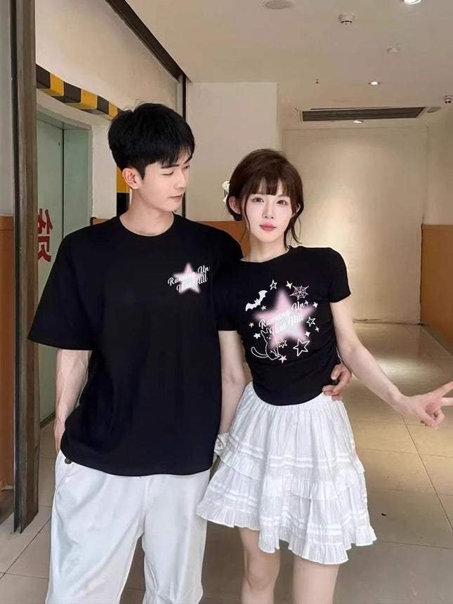 Niche Design Sense Long and Short suit Cotton Different Couple Dress T-shirt Short Sleeve 2025 New Summer