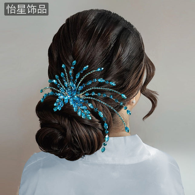 Yixing Fashion Light Luxury Rhinestone Hair Stamp Red Riding Book Same Style Hair Accessories Elegant Flower Blue Hair Comb A269