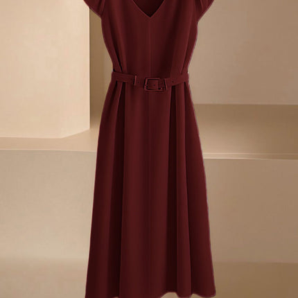 Amazon Spring and Summer New Skin-Friendly and Comfortable V-Neck Fashionable and Elegant Work Clothing Casual Pure Color Mid-Length Skirt & Without Belt