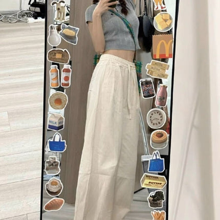 American-Style Work Pants, Retro Straight-Leg Pants, High-Waisted Slimming Drawstring Pants, Loose Wide-Leg Drapey Casual Sports Pants for Petite Individuals