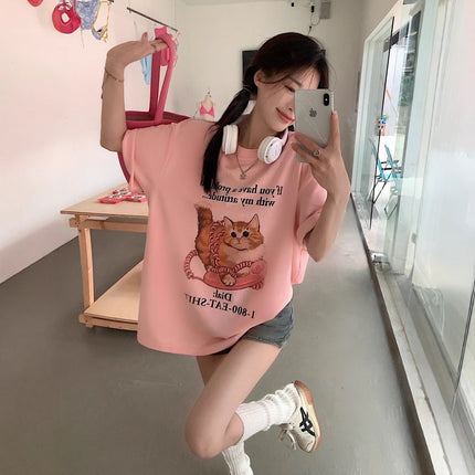 2025 Summer Commuting Letter Cat Creative Printed Loose Short Sleeve T-Shirt Loose Casual Top Small Fresh