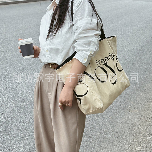 Bufan Good/Vintage Voyage Letters Canvas Bag Women's Single Shoulder Portable Large Capacity Double-Face Tote Bag