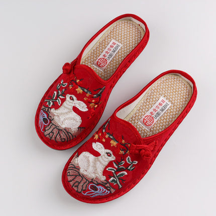 Women's Fashionable Half-Mop Shoes Spring and Summer Flats Round Toe Shallow Mouth Flats Bottom Ethnic Style Embroidered Shoes Middle-Aged Mother's Shoes