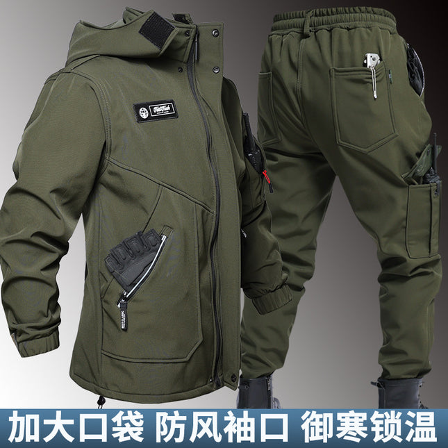 Autumn and Winter fleece-lined Waterproof Charge Clothes suit Soft Shell Mountaineering Warm Mountaineering Clothes Outdoor Labor Protection Dirty Resistant Work Clothes