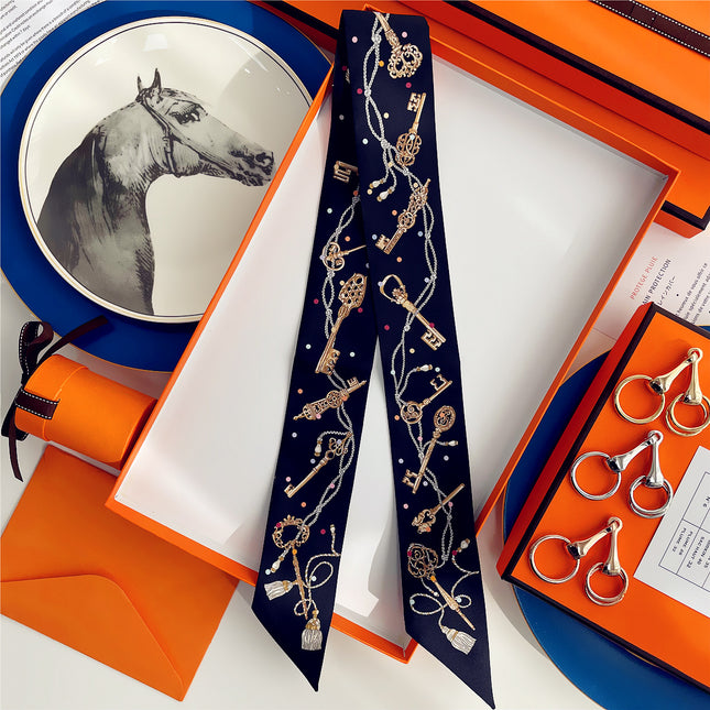 French Style New All-match Key Tassel Chain Women's Twill Silk Ribbon Tie Bag Handle Ribbon Scarf