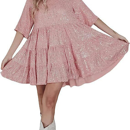 Cross-Border European and American Style Glitter Sequin Half-Sleeved Round Neck Ruffled Loose Short-Sleeved Dress Banquet Dress 10 Colors