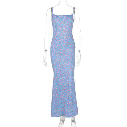 Elegant Cross-Border New Floral Dress with Spaghetti Straps, Square Neckline, Backless, Casual, Comfortable, Sexy, Vacation Long Dress for Women, Fashionable