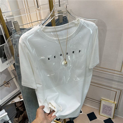 Small Letter Embroidery Brushed Short-Sleeve T-Shirt for Women, Regular Shoulder, Slimming, Korean Style, Fashionable, Thickened Base Layer for Autumn and Winter