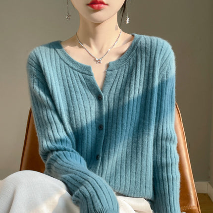 Korean-style Round V-neck Pit-strip Cardigan Women's Knitted Sweater Top Long-sleeved Solid Color Jacket Spring/Autumn/Winter Women's Knitted Jacket