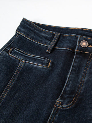 Blue-Gray Straight-Leg Fleece-Lined Towel Bottom Special Embroidered Jeans for Women, Winter 2025, High-Waisted, Slimming, Petite, Cropped Cigarette Pants