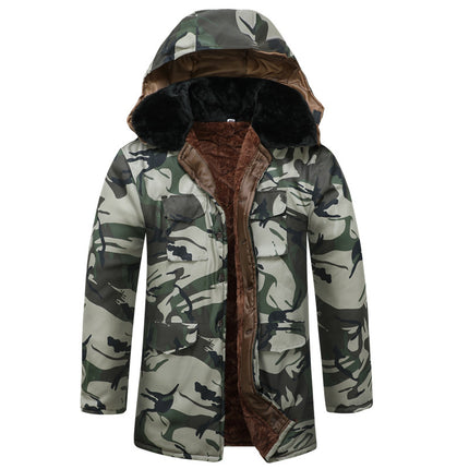 Winter Camouflage Cotton Coat for Men, Fleece-Lined and Thickened Labor Protection Cotton Jacket, Cold Storage Cold-Proof Clothing, Mid-Length Coat