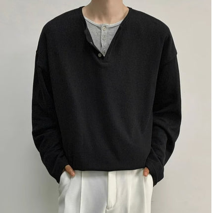 Korean Style Lazy Style Fake Two-piece T-shirt Men's Long-sleeved American Style Retro Henry Sweater Niche Double-layer Collar Base Sweater