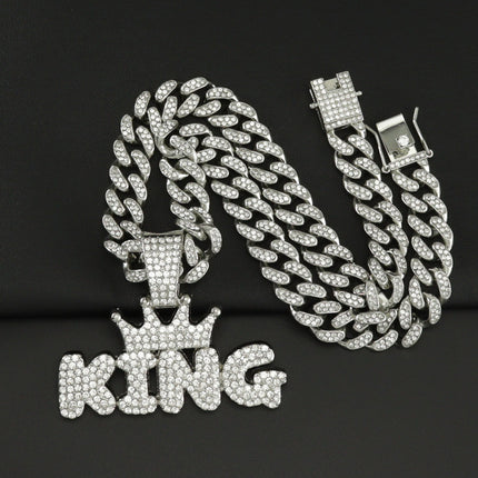 European and American INS TikTok Hip-Hop Alloy Necklace with Diamond Exaggerated Big Button Pendant Crown KING Letter Fashion Accessories