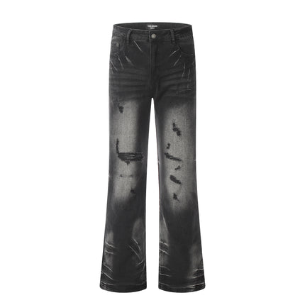 11Kn American Black Slightly Flared Ripped Jeans for Men and Women Washed Trendy Dark Knife Cut Destroyed Loose Casual Pants