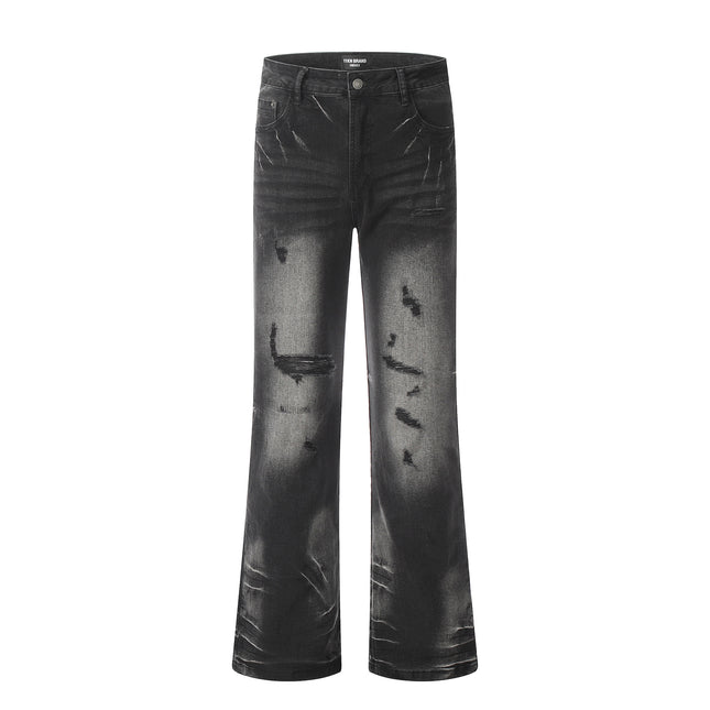 11Kn American Black Slightly Flared Ripped Jeans for Men and Women Washed Trendy Dark Knife Cut Destroyed Loose Casual Pants