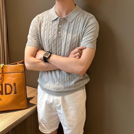 2025 Summer Polo Collar Cable Texture Simple and Versatile Elegant Short-Sleeved Knitwear Korean Style Casual Top