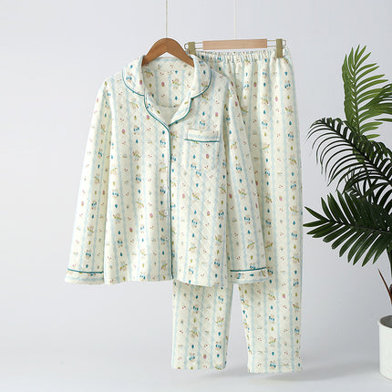 Three Layer Air Cotton Sandwich Printed Women's Pajamas suit Autumn and Winter Air Lapel Long Sleeve Trousers Home Clothes