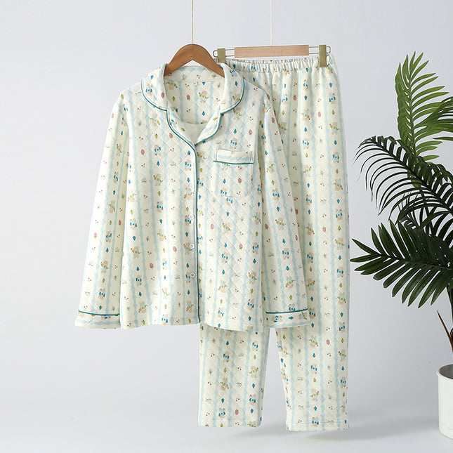 Three Layer Air Cotton Sandwich Printed Women's Pajamas suit Autumn and Winter Air Lapel Long Sleeve Trousers Home Clothes