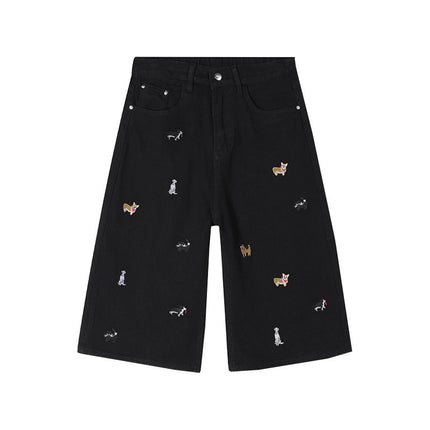 Vintage Washed Denim Shorts with Dog Embroidery for Men and Women, Summer Trendy Loose Fit Versatile Wide-Leg Cropped Pants