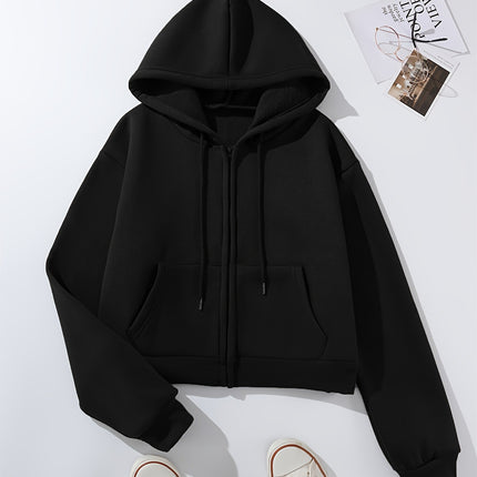 Warm Plush-Lined Solid Color Hoodie - Women's Casual Zip-Up