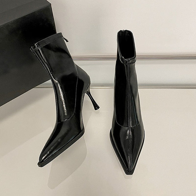 High-Heeled Pointed-Toe Short Boots for Women with Stiletto Heels and Back Zippers 2025 New Autumn and Winter Black Patent Leather High-End Slim Boots