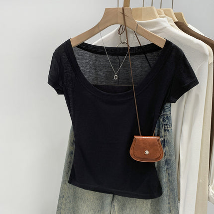 Summer Ootd Purple Light U-Neck Slim Short-Sleeved T-Shirt for Women 2025 Summer New Style Unique and Beautiful Age-Reducing Style