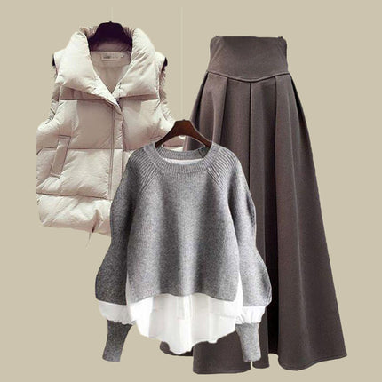 Autumn and Winter Outfits for Women 2025 New Large Size Loose Fake Two-Piece Sweater Versatile Vest Slimming Look Skirt Three-Piece Set