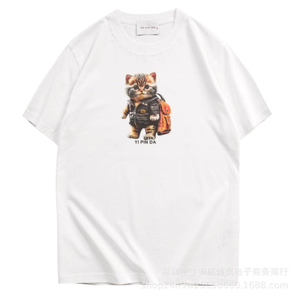 Kangli High-Quality Spray-Printed Cute Cat Trendy Men's Personalized Short-Sleeved Long-Staple Cotton High Street Loose Couple T-Shirt