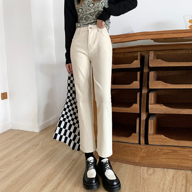 Beige Pants Pear-Shaped Body Hip-Covering Apricot Women's Short Straight Pipe Off-White Cropped Jeans