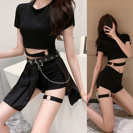 Sexy Disco Women's Suit Summer Crop Top Handsome Cool Girl Gothic Style Pure Desire Pleated Skirt Jazz Dance Suit