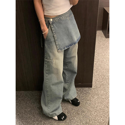 South Korea Chic Spring Vintage All-match Fart Curtain Detachable Two-piece Pocket Design Wide-leg Jeans Trousers Women