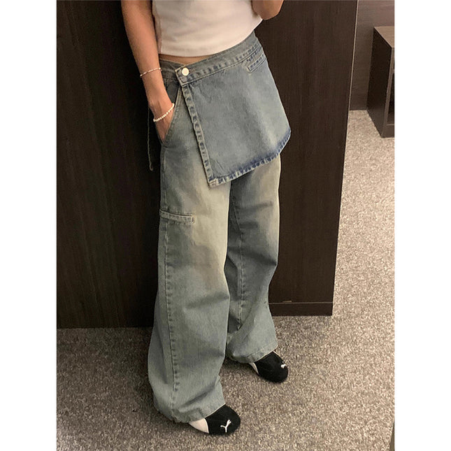 South Korea Chic Spring Vintage All-match Fart Curtain Detachable Two-piece Pocket Design Wide-leg Jeans Trousers Women