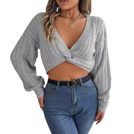 Big Sale 2024 Autumn and Winter Sexy Casual Knotted V Neck Lantern Sleeve Navel Sweater Amazon Cross-Border European and American Clothing
