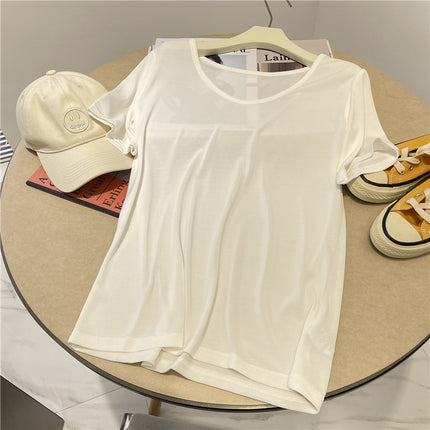 V Neck Cool Cupro T-Shirt for Women in Summer, Simple and Versatile Draped, Slim Goose Egg Collar, Pure Color Short-Sleeved Top T-Shirt