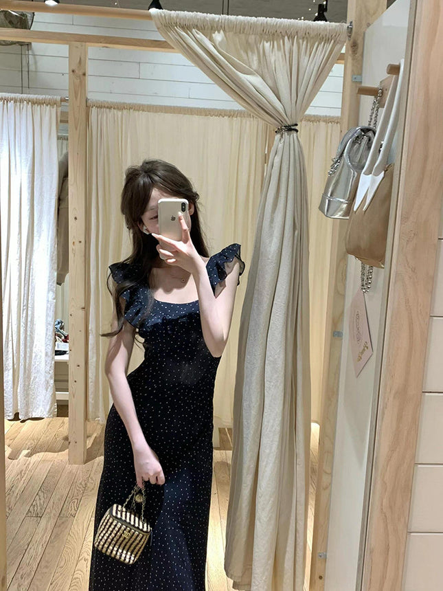 French High-end Ruffled Short-sleeved Dress Women's Tight Waist Elegant Sexy Backless Wave Dot Mid-length Dress for Summer