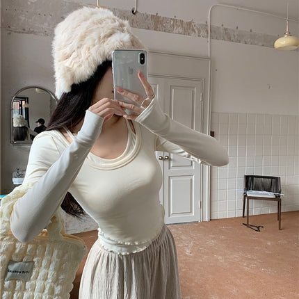 Maillard Spice Girls Fake Two-piece Long-sleeved T-shirt Women's Chunchun Chic Sling Neck Wooden Edge Slim-fit Slimming Top