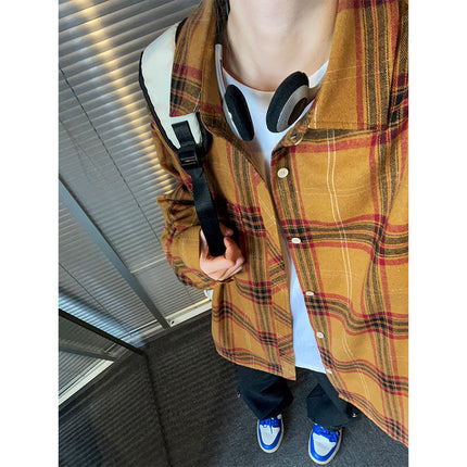 Cross-border Commodity Foreign Trade Loose Retro Plaid Long-sleeved Shirt Men's and Women's Unisex Shirt Coat Shoulder Scrub Shirt