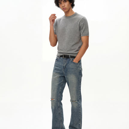 Rdt Men's Clothing | Distressed Washed Destroyed American Knife-Cut Wide-Leg Cleanfit Bootcut Jeans Heavy Wash