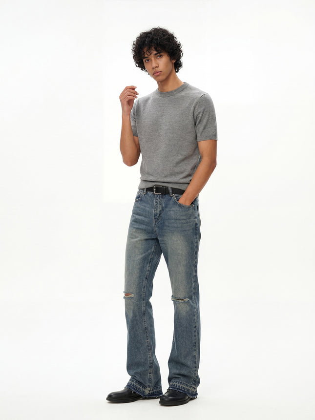 Rdt Men's Clothing | Distressed Washed Destroyed American Knife-Cut Wide-Leg Cleanfit Bootcut Jeans Heavy Wash