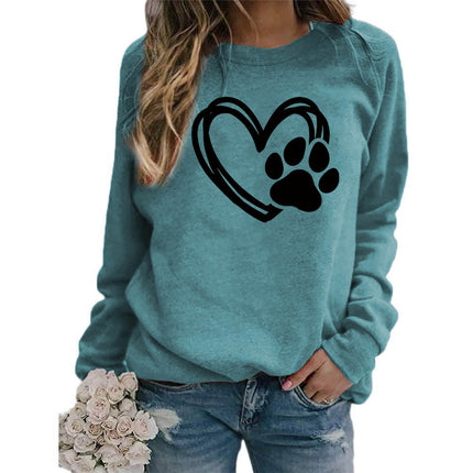 Cross-border Foreign Trade Supply Dog Feet Love Printed Round Neck Jacket Women's Long Sleeve European Size plus size Loose