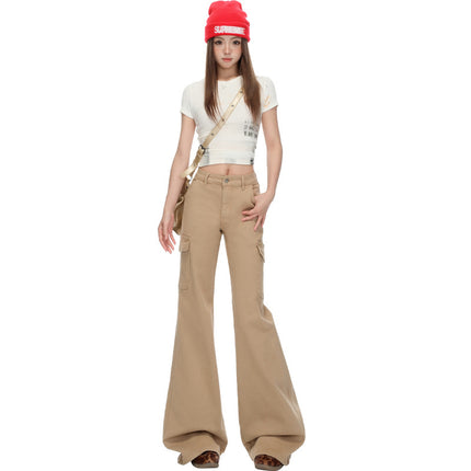 Raccoon House # Khaki New Stretch Work Jeans for Women, Low-Waisted, Leg-Free, Versatile, Slimming, Micro-Flared Pants for Women