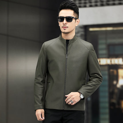 Haining Leather Jacket Spring and Autumn New Thin Genuine Leather Jacket for Middle-aged Men's Mat-gloss Style Collar Casual Leather Jacket