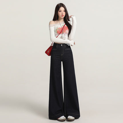 Raccoon House # Vintage Washed Blue Jeans for Women Fashion European and American Style High Waist Loose Flared Floor-Length Wide-Leg Pants
