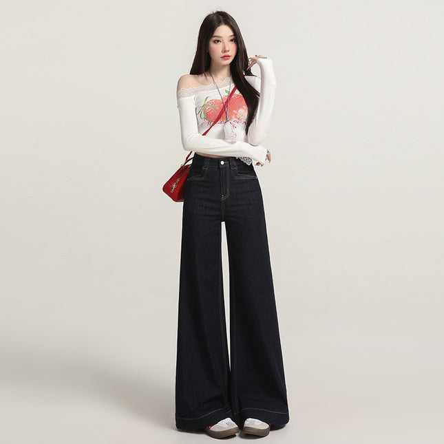 Raccoon House # Vintage Washed Blue Jeans for Women Fashion European and American Style High Waist Loose Flared Floor-Length Wide-Leg Pants